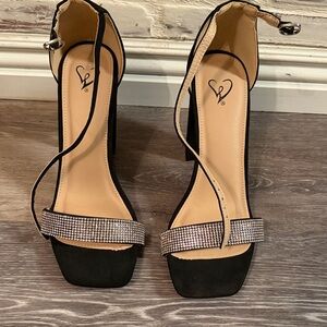 Windsor Black Rhinestone-Strap Ankle-Heel Sandals